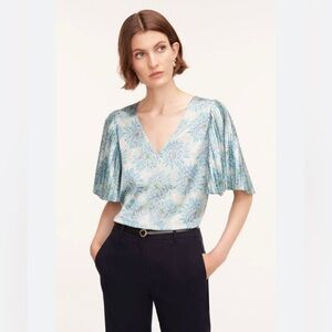 Rebecca Taylor Astera Fleur Pleated Sleeve V-Neck Blouse Size Large NWT